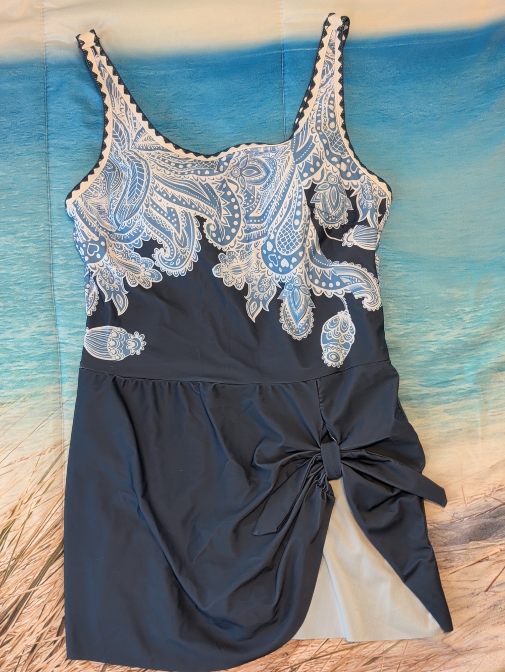Navy Paisley L One-Piece Swimdress with Side Tie Pool Beach Vacation Travel